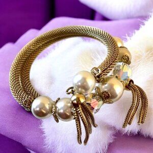 Vintage Gold-tone Bracelet SPRING COIL WRAP Beads Pearls Tassels